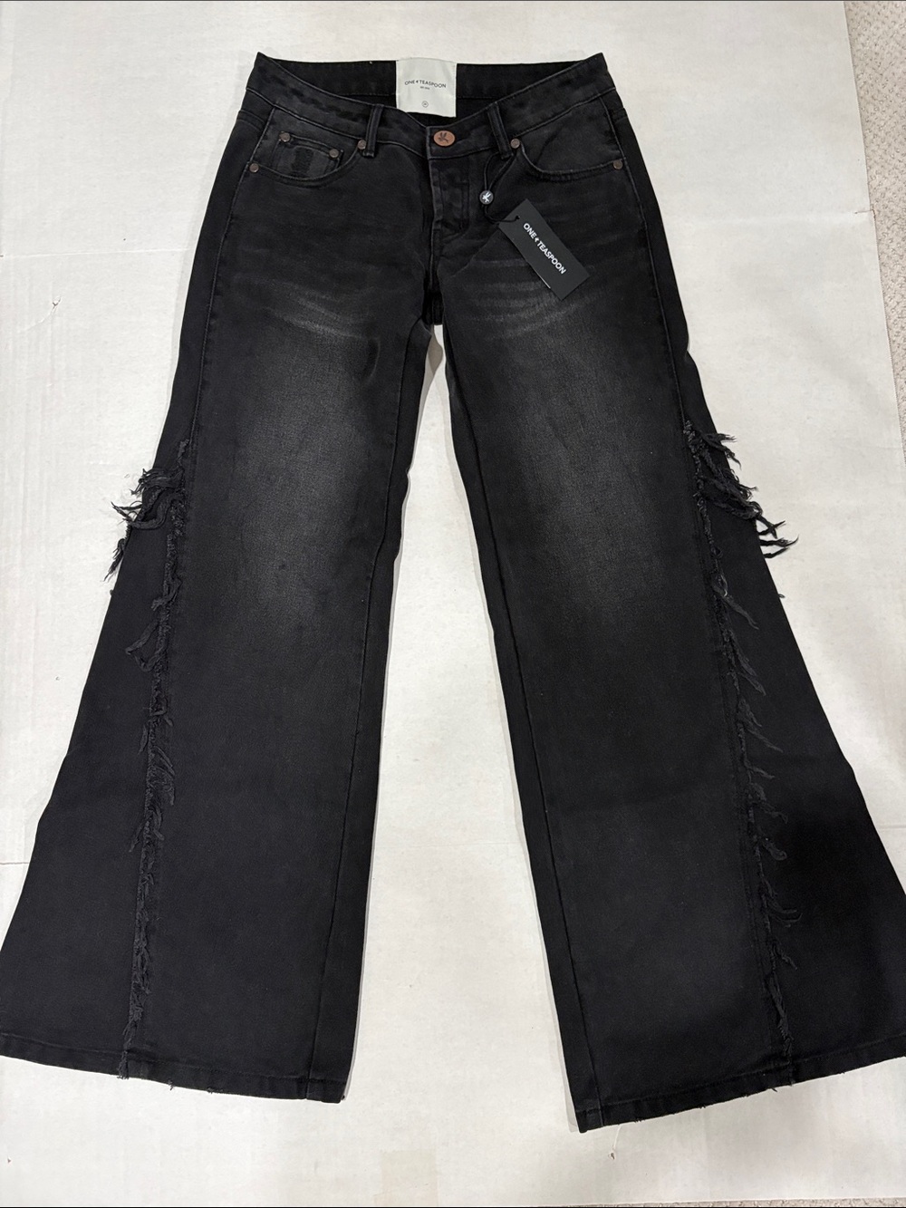 One Teaspoon Black Frayed Wide-Leg Low Rise Jeans with Side Distress
